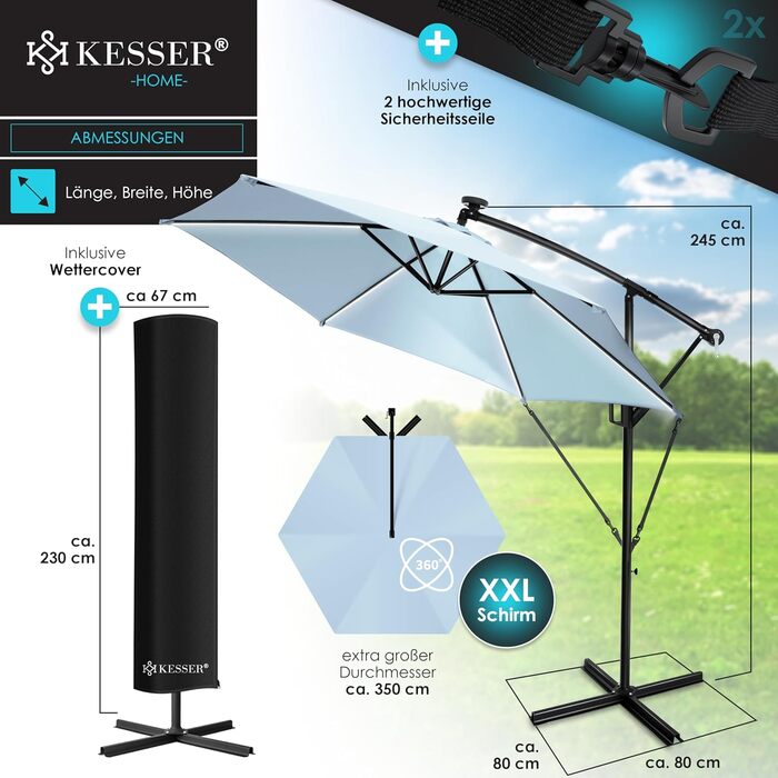 Сонячна LED парасолька KESSER з алюмінію, 350 см, з дистанційним керуванням, підставкою, водовідштовхувальна, UV-захист, світло-блакитна