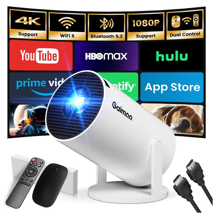 Смарт-проектор Mini Beamer 4K Full HD 1080P з WiFi 6 та Bluetooth 5.2, автокоррекция Keystone, поворот на 180°, підтримка HDMI/TV Stick/USB, білий
