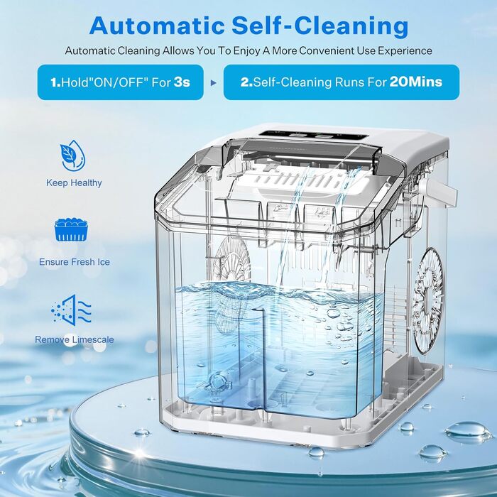 Льодогенератор Ice Cube Maker 12 кг/24 год, білий - швидке виробництво льоду (6-8 хв), 2 розміри кубиків льоду, самоочищення для дому, офісу, бару