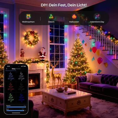 Розумна світлодіодна гірлянда YAYZA! для ялинки 20м, 200 LED RGB (16 млн кольорів), керування через App та пульт, водонепроникна IP44 для дому та вулиці