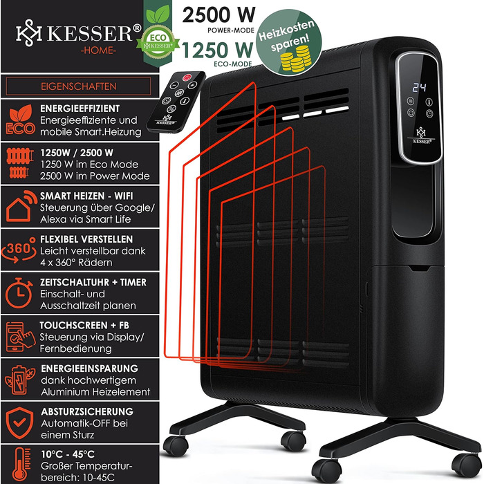 Електричний конвектор KESSER ECO 2500Вт з WiFi, термостатом, сенсорним дисплеєм, таймером, чорний, енергоощадний радіатор з додатком та пультом ДУ