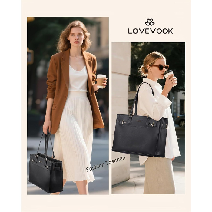 Жіноча сумка LOVEVOOK для ноутбука 15.6 дюймів, елегантна шкіряна сумка-шопер для роботи, офісу та навчання, чорна