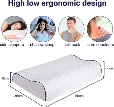 Ергономічна подушка для сну Fityou з ефектом пам'яті (Memory Foam) для підтримки шиї, регульована висота, з мийним чохлом, 60x35x9/11 см, синій кант