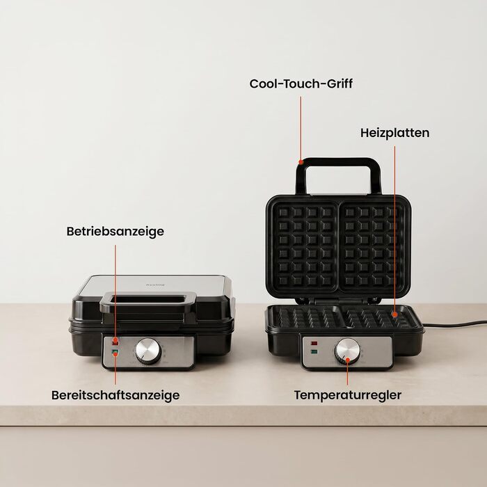 Вафельниця електрична Duo 1200W з антипригарним покриттям та регулюванням температури, срібляста (на 2 вафлі)