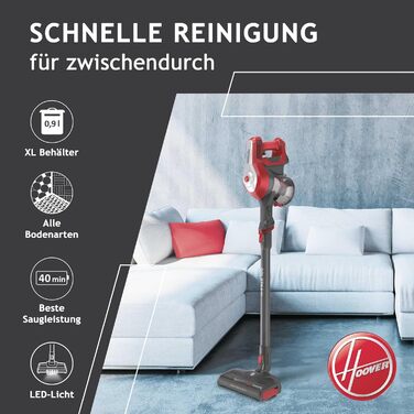 Пилосос акумуляторний Hoover H-FREE 100 HOME без мішка, до 40 хв роботи, бездротовий, з LED-підсвіткою, XL контейнером для пилу, паркувальною функцією, щілинною насадкою та щіткою, червоний/титановий