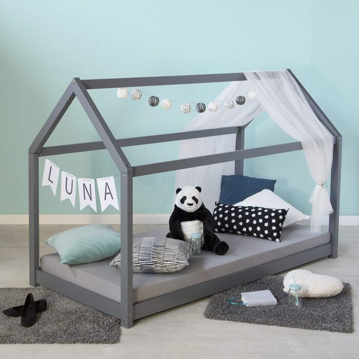 Дитяче ліжко Montessori Homestyle4u 90x200 см, сірий колір, з ламелями, з дерева (сосна)
