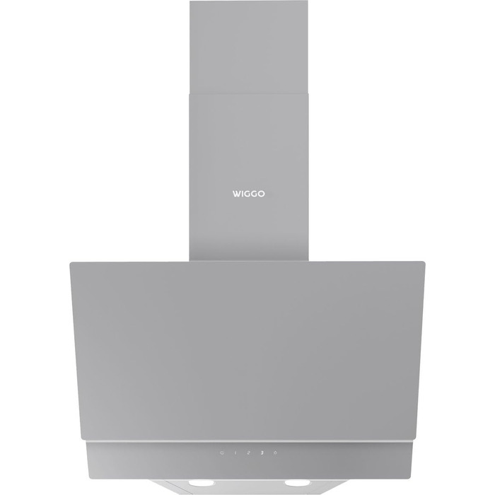 Похила витяжка для кухні Wiggo 50 см, сіра з LED-дисплеєм, продуктивність 300 м³/год, режими відведення та рециркуляції повітря, скляний фасад, у комплекті жировий та 2 вугільні фільтри