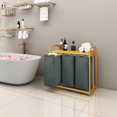 Кошик для білизни AdelDream з бамбуковою рамою 150 л, 3 секції, сірий, сортувальник білизни, дизайн із дугою