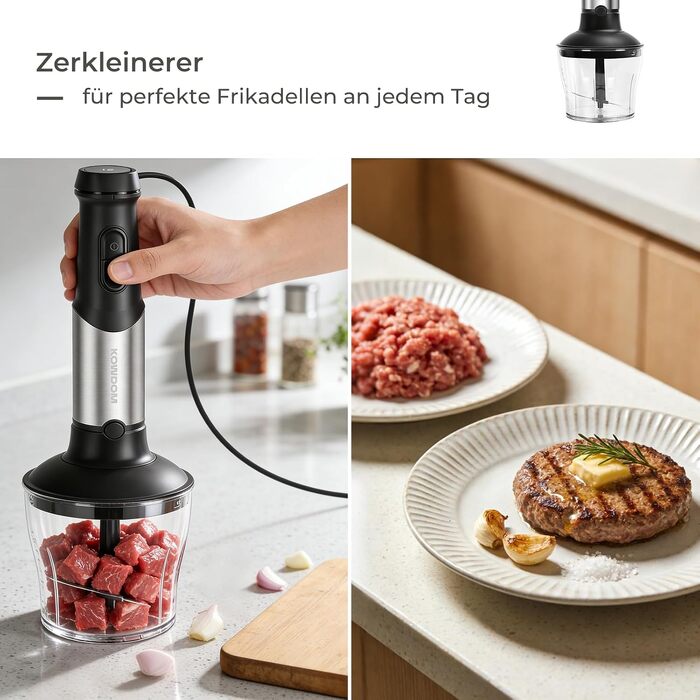 Потужний занурювальний блендер 6-в-1 Stabmixer 1200W з регулюванням швидкості, турбо-режимом, подрібнювачем (600мл) та спінювачем молока, нержавіюча сталь, сріблястий