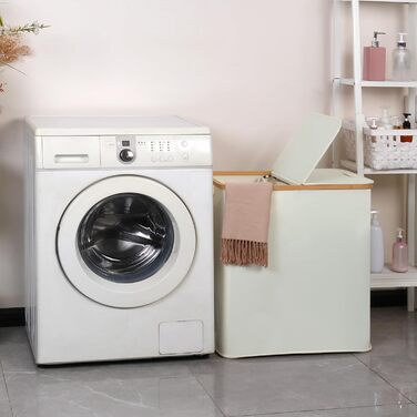 Кошик для білизни з кришкою та 2 відділеннями efluky, 140 л, світло-сірий/бежевий, подвійний кошик для зберігання білизни з 2 знімними мішками