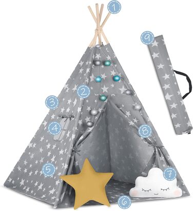 НЮКІДО Палатка для іграшок Tipi з бавовни та дерев'яним каркасом, сіра з зірками, 120x120x165 см