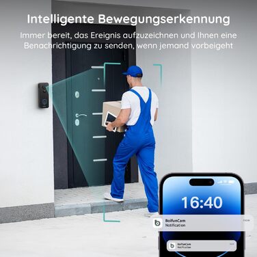 Відеодзвінок BOIFUN з камерою, 2K, Wi-Fi, 180° огляд, 2-сторонній аудіо, AI-розпізнавання руху, IP65, сумісний з Alexa, без підписки