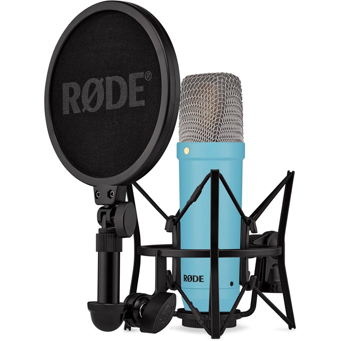 Студійний конденсаторний мікрофон RØDE NT1 Signature Series з великою діафрагмою, шок-маунтом, поп-фільтром і XLR-кабелем для музики, вокалу, стрімінгу та подкастингу, синій