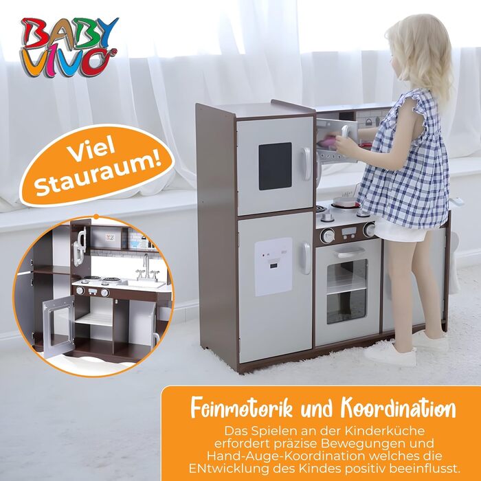 Дитяча ігрова кухня Baby Vivo Toni з дерева, іграшкова кухонька з дошкою для малювання, коричнева