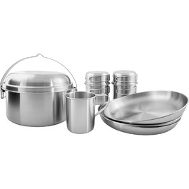 Набір туристичного посуду Tatonka Picnic Set III з нержавіючої сталі, 10 предметів — посуд для пікніка на трьох: каструля, сковорода, тарілки, чашки, кришка, безпечний для їжі, без шкідливих домішок