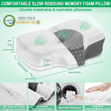 Ортопедична подушка Elviros з Memory Foam для сну, ергономічна, проти болю в шиї та хропіння, для бокового та шлункового сну, біла, 60x38.6x9.9/13.5 см