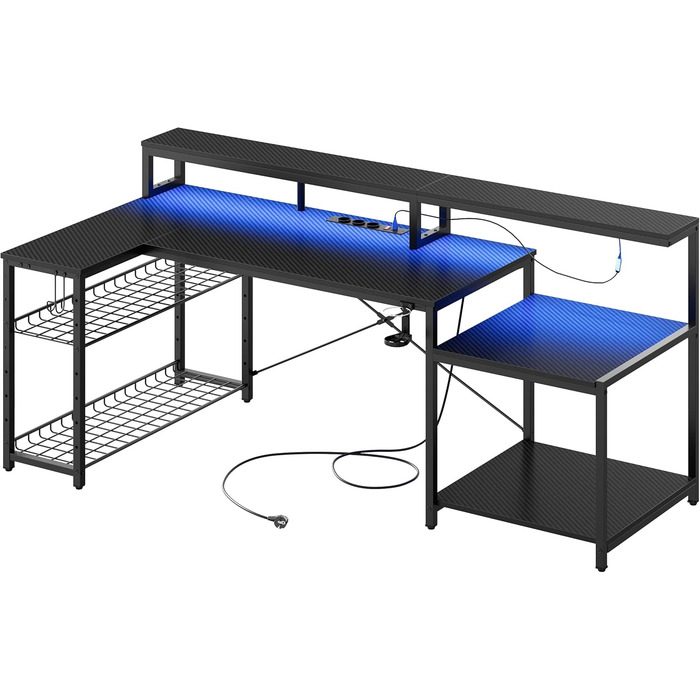 Ігровий стіл Bestier L-подібний 181x80 см з LED підсвіткою, розетками та USB, чорний карбон