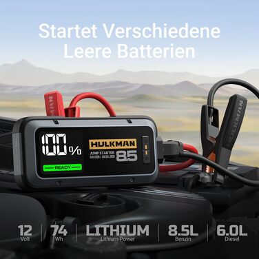 Пусковий пристрій для авто HULKMAN Alpha85 Jump Starter 2000A 20000mAh, портативний бустер акумулятора для бензинових двигунів до 8.5 л та дизельних до 6 л