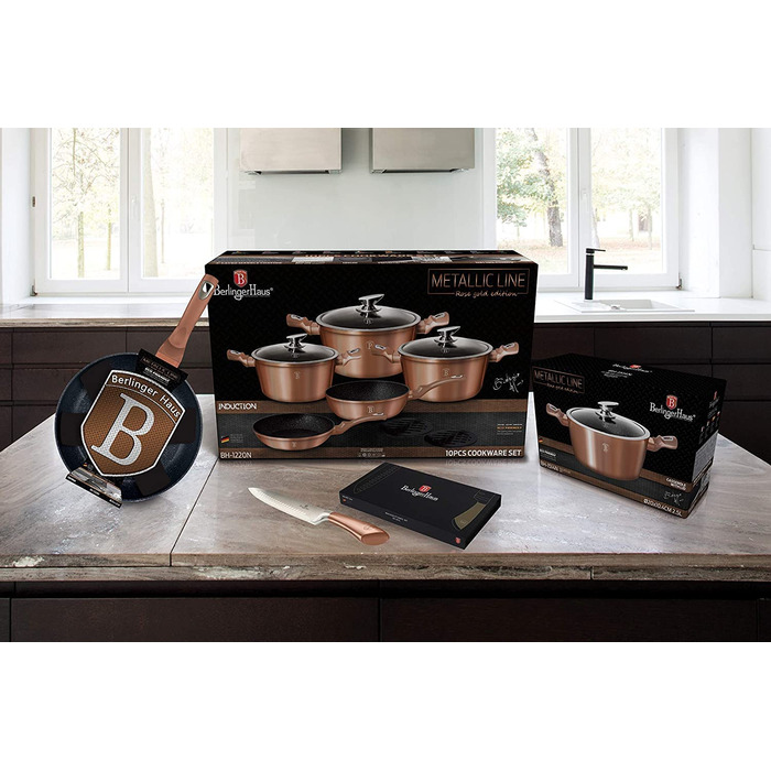 Набір каструль Berlinger Haus Rose Gold, 10 предметів, антипригарне покриття, PFOA-free, мармурове покриття, алюміній, індукція, газ, склокераміка, 3 каструлі з кришками, 2 сковорідки, підставки, Metallic Line