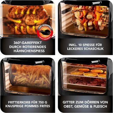 GOURMETmaxx цифрова аерофритюрниця XXL 9 л, 1800 Вт, чорна — електрична повітряна фритюрниця з таймером, сенсорним дисплеєм, 8 програмами, вертелом і шампурами для шашлику, для здорового та енергоощадного приготування