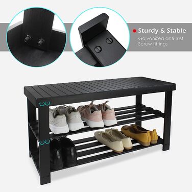 Бамбукова лавка для взуття SMIBUY, чорна, з сидінням та 3 полицями, взуттєва полиця для передпокою, коридору, ванної, вітальні, 86x28,5x45,5 см