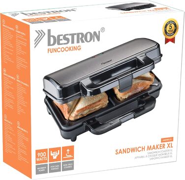 Сендвічниця Bestron XL на 2 сендвічі, антипригарна, 900 Вт, автоматичне регулювання температури, титаново-сіра