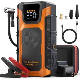Пусковий пристрій (бустер) для авто Starthilfe 6000A з компресором 150 PSI, Powerbank 12V для бензинових та дизельних двигунів до 10л, з QC3.0, LCD-дисплеєм та ліхтарем, помаранчевий
