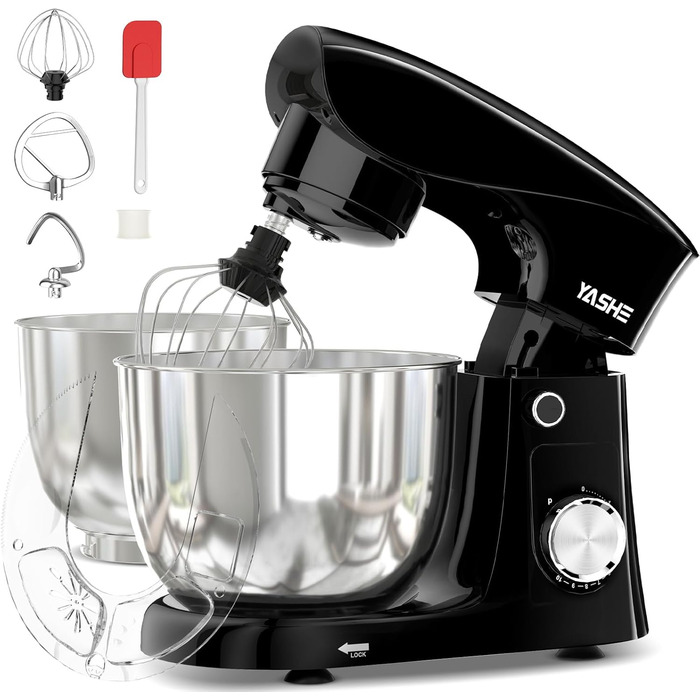 Кухонна машина YASHE 1500W з 2 чашами (4,5L та 5L), 10 швидкостей, нахилений корпус, з гаком для тіста, вінчиком та набором насадок, мультифункціональна