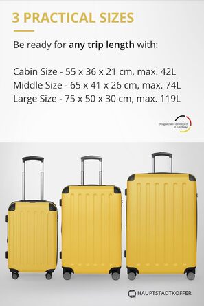Набір валіз Hauptstadtkoffer Spree 3 шт (S+M+L) жовтий: ABS пластик, 55/65/75 см, розширюваний об'єм, TSA, 4 подвійні колеса, з цифровим індикатором та брелоком QR-код