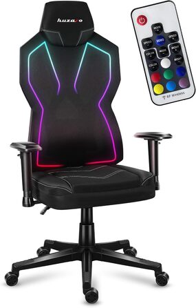 Ігрове крісло Huzaro Combat 6.2 Black RGB з LED підсвіткою, тканинне, чорне, регульована спинка, підлокітники та висота сидіння, для геймерів та офісу, витримує до 140 кг