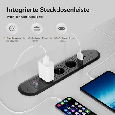 Електричний регульований стіл HLONONE 140x80 см з шухлядами, розетками та USB, білий. Стоячий стіл з функцією пам'яті.