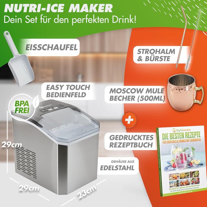 Машина для льоду Nutrilovers NUTRI-ICE MAKER з нержавіючої сталі: прозорий лід двох розмірів (S/L) + келих для Moscow Mule та кулінарна книга