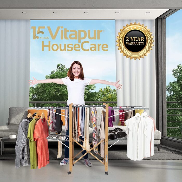 Сушарка для білизни Vitapur House Care на колесах, розсувна, складна, у стилі дерева, для довгої білизни, для дому та вулиці