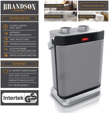 Тепловий обдув Brandson: електричний обігрівач з осциляцією, 1800 Вт, 2 рівні потужності, регулювання температури та захистом від перегріву