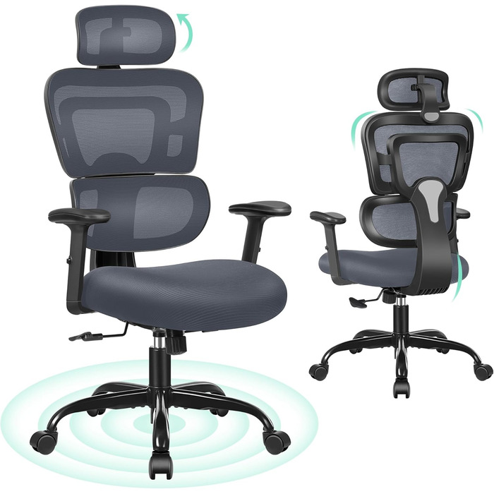 Ергономічне офісне крісло DoChair з 3D підголівником, регульованими підлокітниками та висотою сидіння, динамічною спинкою, світло-блакитне