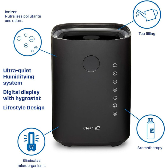 Ультразвуковий зволожувач повітря Clean Air Optima CA-605B з UVC-стерилізацією, іонізатором та аромадифузором, 480 мл/год, для приміщень до 65м², чорний