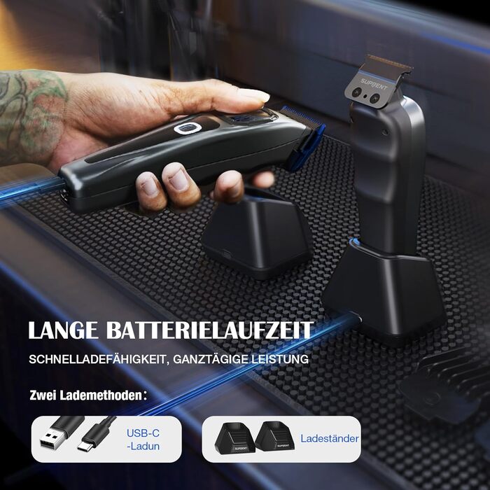 Машинка для стрижки волосся SUPRENT Profi з титановим лезом, Zero-Gap T-Blade, 5 насадок, акумулятор 2500mAh, сірий колір