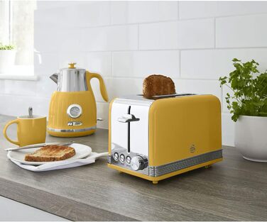 Тостер Swan Retro ST19010, 2-слотовий, широкий, 815 Вт, 6 режимів, нержавіюча сталь, жовтий, ретро-дизайн, розморожування, підігрів, скасування