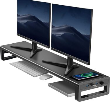 Підставка для двох моніторів Vaydeer з бездротовою зарядкою та 4 USB-хабами, металева, для моніторів до 32 дюймів, для комп'ютера і ноутбука, чорна
