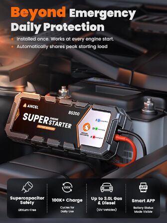 Бустер для автомобіля ANCEL BS200: автоматичний пусковий пристрій (Jump Starter) з конденсатором, 700А, монітор стану та підтримка акумулятора, чорний