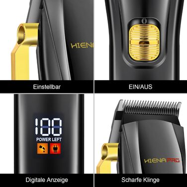 Професійна машинка для стрижки HIENA PRO з Т-лезом, бездротова, з LCD-дисплеєм, USB-зарядка, чорна – комплект для барбера