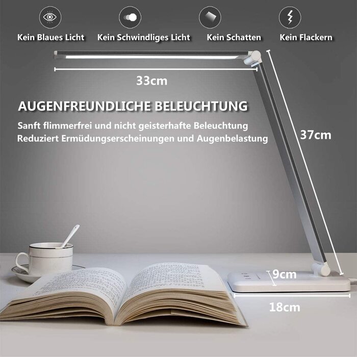 LED настільна лампа SLATOR, димована, 5 кольорів і 10 рівнів яскравості, з USB для зарядки смартфона, нічник, читальна лампа для дітей і дорослих, алюміній, срібляста, модель QM019