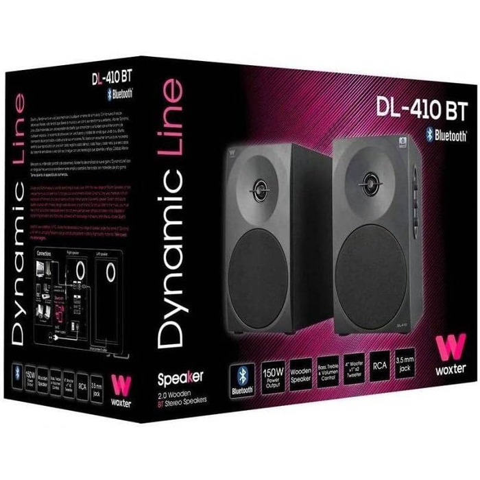 Акустична система Woxter Dynamic Line DL-410 BT: 150W, Bluetooth, дерево, сабвуфер, 4 вуфери, 2 твітери, 3.5mm, RCA, регулювання басів, висот та гучності, чорний колір