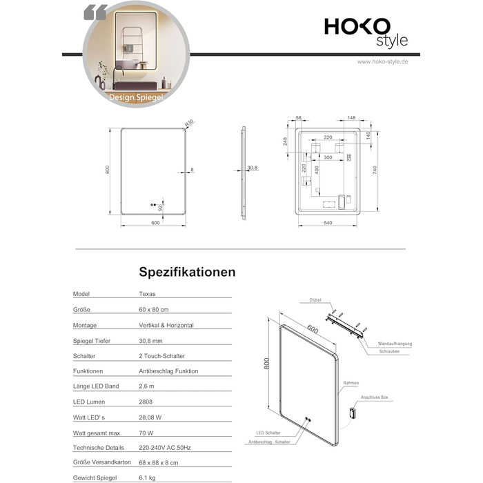 Дзеркало для ванної кімнати HOKO LED Texas 60x80 см / 80x60 см з підсвіткою, підігрівом проти запотівання та чорним металевим каркасом. Можливість встановлення HOCH+QUER. Сенсорне керування, зміна кольору світла 2700-6500K (тепле біле - холодне біле - ней