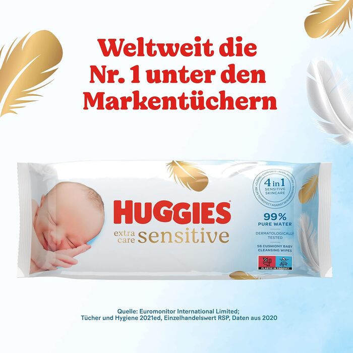Дитячі вологі серветки Huggies Pure Extra Care Sensitive для чутливої шкіри, 99% чистої води, без віддушок, 8 упаковок по 56 шт (набір на місяць)