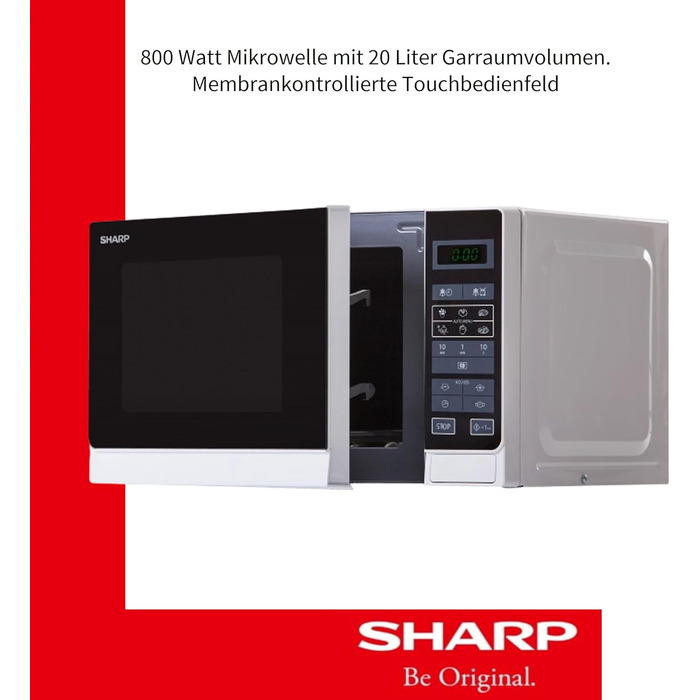 Мікрохвильова піч Sharp R242INW, 20 л, 800 Вт, 5 режимів, 8 авто програм, розморожування за вагою і часом, дитячий захист, енергозбереження, скляний піддон 25,5 см, срібляста