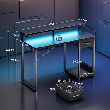 Ігровий стіл Coleshome з LED підсвіткою, чорний 100x45x74.5 см: стіл для комп'ютера, офісу, геймінгу з висувною шухлядою та підставкою для монітора