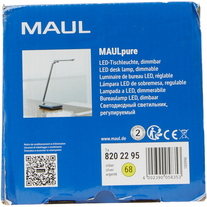 Світлодіодна настільна лампа Maul Maulpure, димована, офісна, денне світло, USB зарядка для смартфона/годинника, 7-ступінчастий димер, сенсорне керування, срібляста