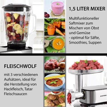 Кухонна машина Syntrox Germany Glumya 7 л, м'ясорубка, 1300 Вт, нержавіюча сталь, аксесуари для тіста й кремів, LED-дисплей, таймер, чорна