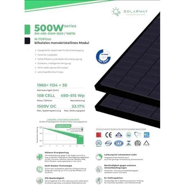 Двостороння сонячна панель Solarway Full Black Bifacial Glass/Glass n-type 500 Вт для балкона
